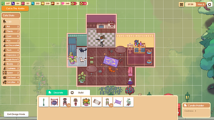 A screenshot of a cat cafe named Cat In The Kettle, with a menu at the bottom of the screenshot with two tabs "Decorate" and "Build".