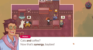 An image of a man wearing glasses, a shirt and a jacket tied around his neck, saying "Cats and coffee? Now that's synergy, baybee!"