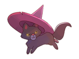 A jumping cat, grinning mischievously, wearng a witch hat
