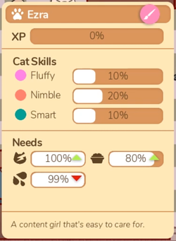 A list of cat skills and their levels - Fluffy 10%, Nimble 20%, Smart 10% and needs - rest 100%, food 80% and drink 99%.