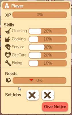A list of skills and their levels - Cleaning 20%, Cooking 10%, Service 30%, Cat Care 20%, Fixing 10%.