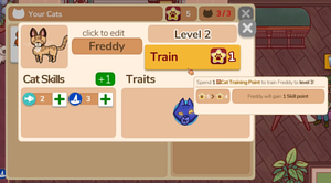 A window with stats of a cat Freddy. The cursor hovers over a "Train" button and shows an option "Spend 1 Cat Training Point to train Freddy to level 3!"